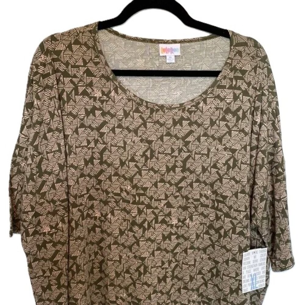 LuLaRoe Irma XL Tunic Top High Low Geometric Triangles Multicolor Green Pink - Picture 3 of 4